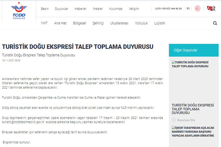 Doğu Ekspresi Biletleri Yüzde 25 İndirimli Satılacak