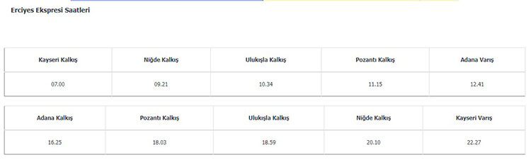 Erciyes Ekspresi Hareket Saatleri