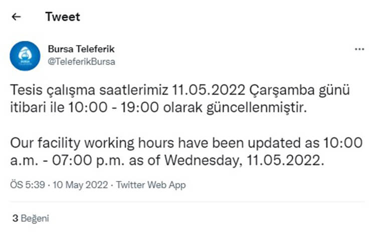 Bursa Teleferik Saatleri Değişti