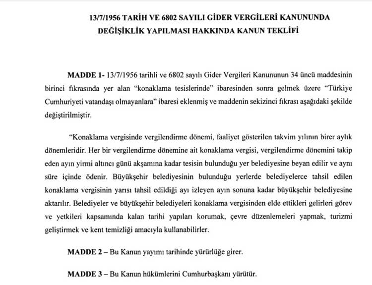 Türk Vatandaşı Olmayan Kişilerden Konaklama Vergisi Alınmasını Öngören Kanun Teklifi Tam Metni