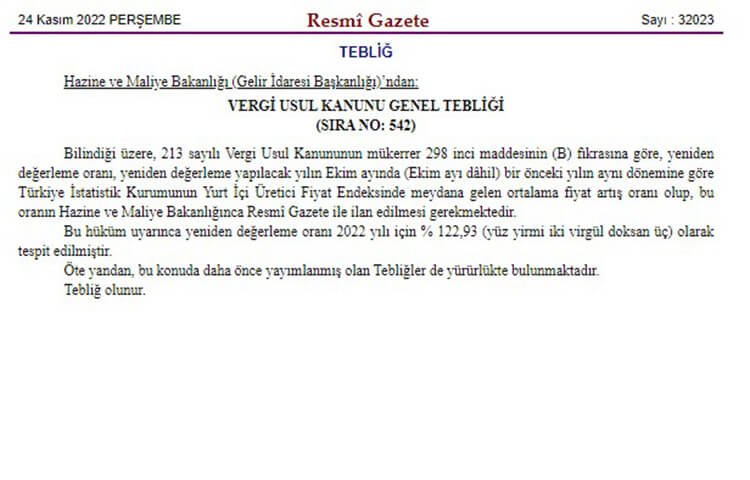Yeniden Değerleme Oranları Resmi Gazete'de Yayımlandı