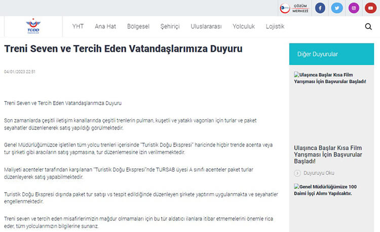 TCDD'den Turistik Doğu Ekspresi Turları Hakkında Bilgilendirme Duyurusu