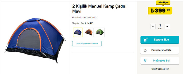 A101 2 Kişilik Manuel Kamp Çadırı