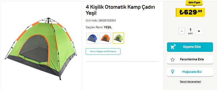 A101 4 Kişilik Otomatik Kamp Çadırı