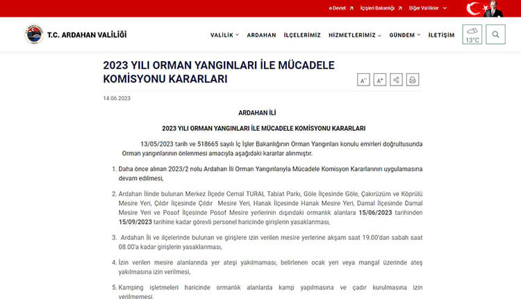 Ardahan'da Ormanlık Alanlara Giriş Yasağı Kararı