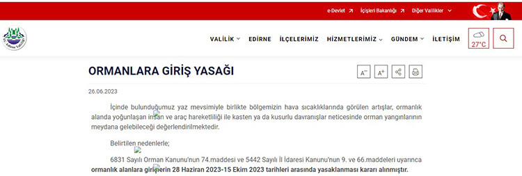 Edirne'de Ormanlık Alanlara Giriş Yasağı Kararı