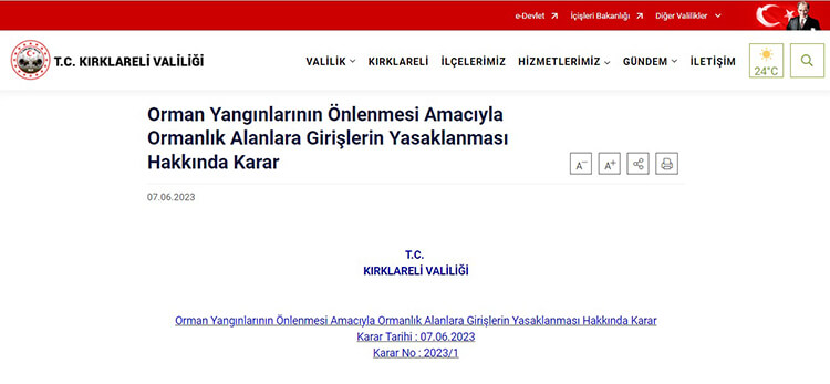 Kırklareli'de Ormanlık Alanlara Giriş Yasağı Kararı