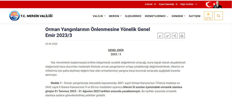 Mersin'de Ormanlık Alanlara Giriş Yasağı Kararı