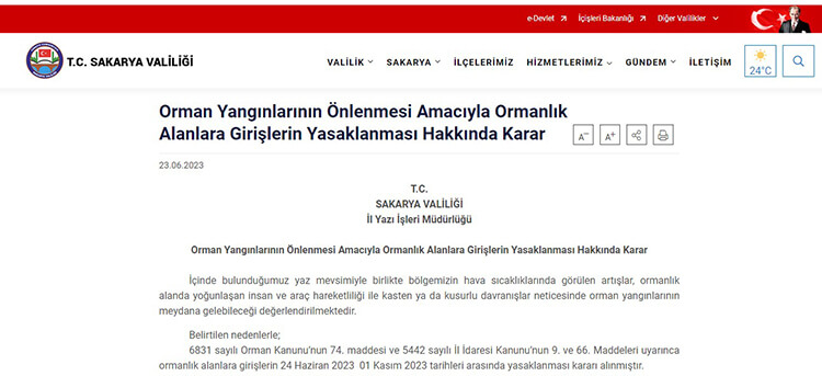 Sakarya'da Ormanlık Alanlara Giriş Yasağı Kararı