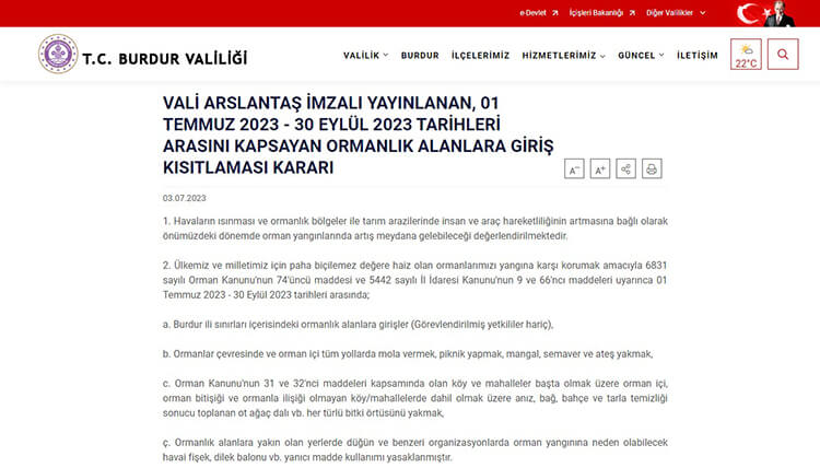 Burdur'da Ormanlık Alanlara Giriş Yasağı Kararı