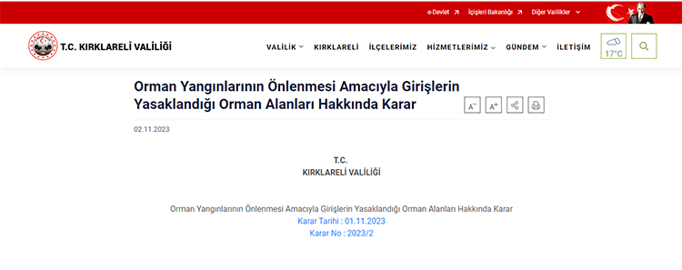 Kırklareli Valiliği'nden Orman Giriş Yasağı Hakkında Yeni Karar