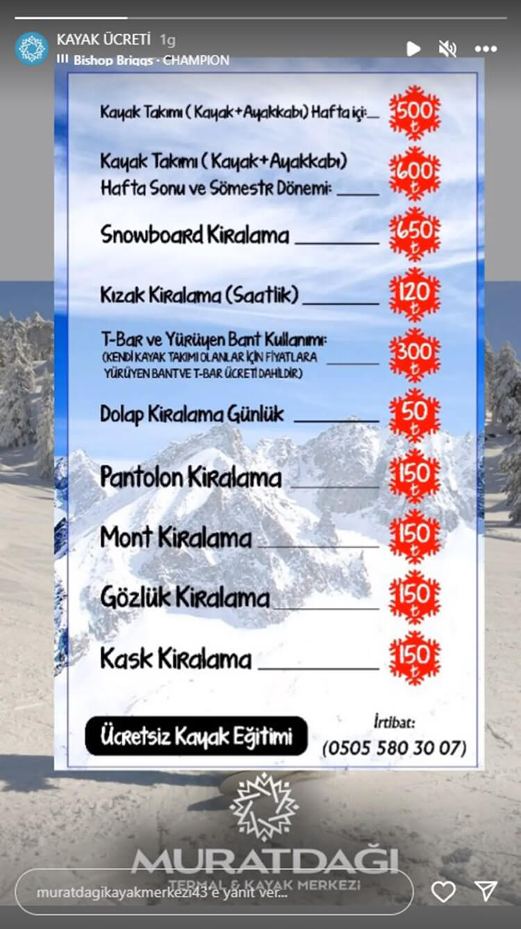 Kütahya Murat Dağı Kayak Merkezi 2024 Skipass Ücretleri
