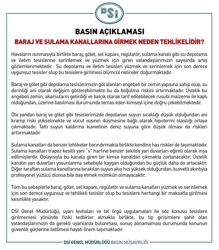 Baraj, Gölet Ve Sulama Kanallarına Girmek Yasak