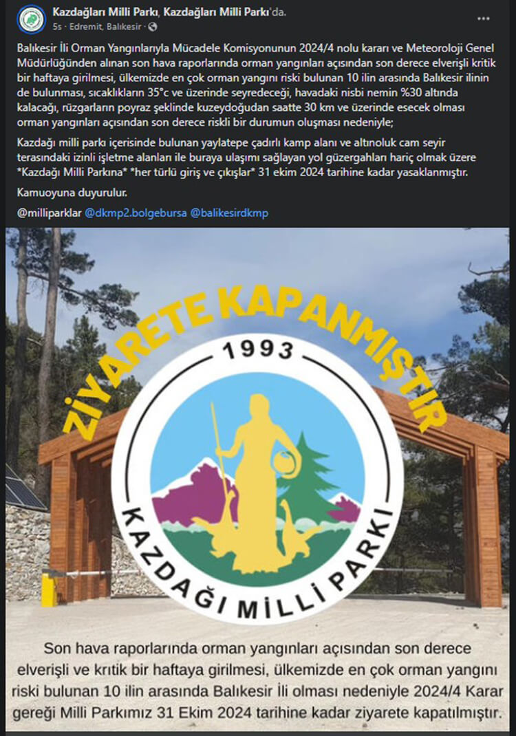 Balıkesir Kazdağı Milli Parkı'na Girişler Yasaklandı