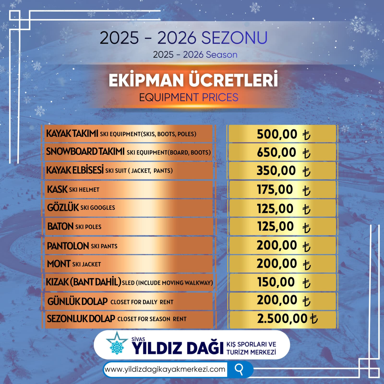 Sivas Yıldız Dağı Kayak Merkezi 2026 Kayak Kiralama Fiyatları