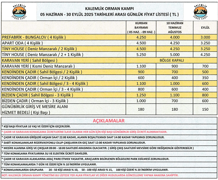 Kalemlik Orman Kampı 2025 Fiyatları – Kalemlik Orman Kampı 2025 Ücretleri Listesi