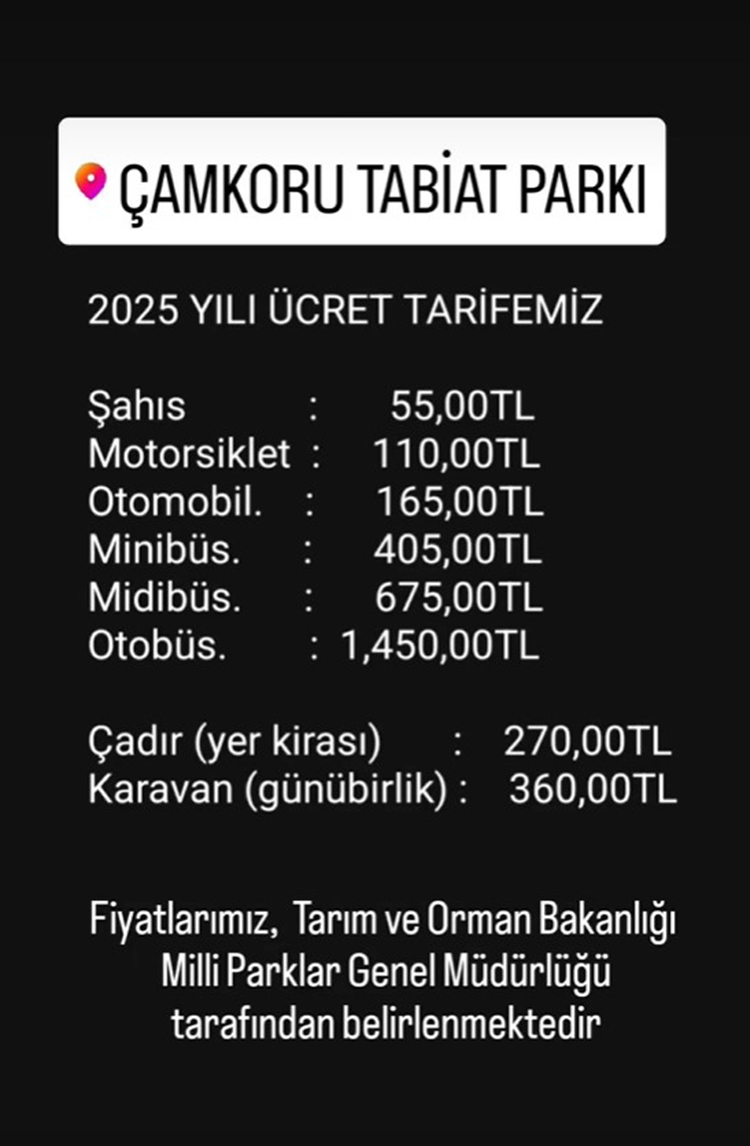 Çamkoru Tabiat Parkı Kamp Alanı 2025 Ücretleri Ne Kadar? - Çamkoru Tabiat Parkı 2025 Giriş Ücretleri