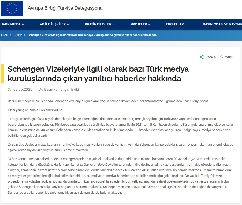 Avrupa Birliği Türkiye Delegasyonu'ndan Türk Vatandaşlarına Schengen Vizesi Hakkında Açıklama