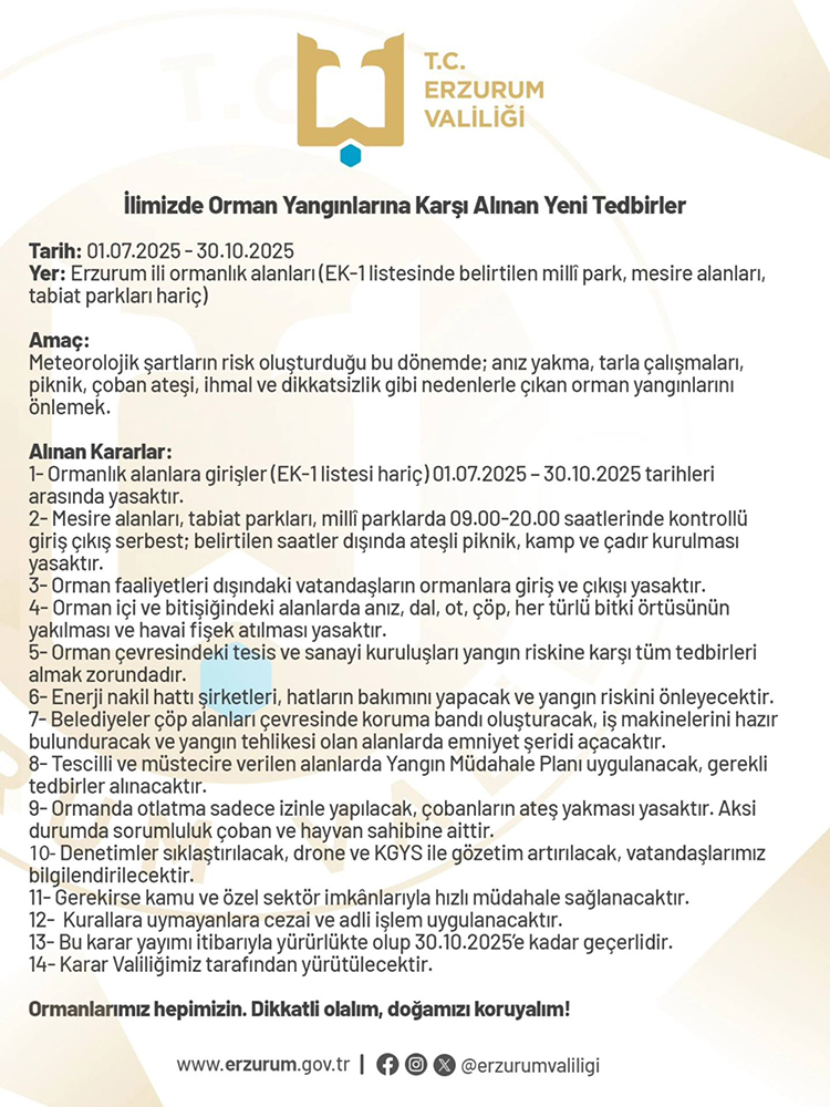Erzurum'da Ormanlık Alanlara Giriş Yasaklandı