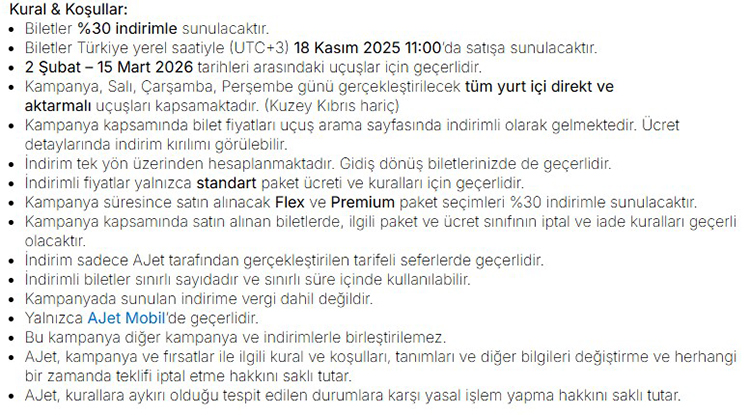 AJET Yurt İçi Uçak Bileti Kampanyası Kuralları