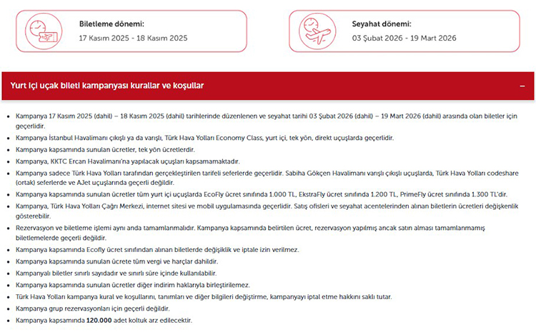 Türk Hava Yolları 1.000 TL'ye Uçak Bileti Kampanyası Kuralları